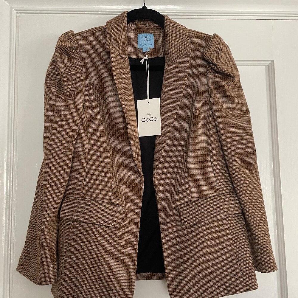 CeCe Puff-Shoulder Open Front Long Sleeve Blazer, Houndstooth plaid, S, NWT - Picture 6 of 8